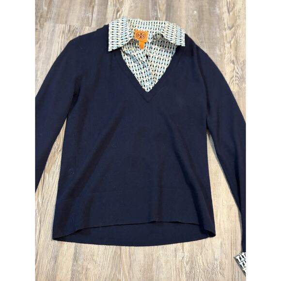 Tory Burch Tops - Tory Burch 100% Wool Layered Collar Sweater Womens Small Navy Preppy Golf